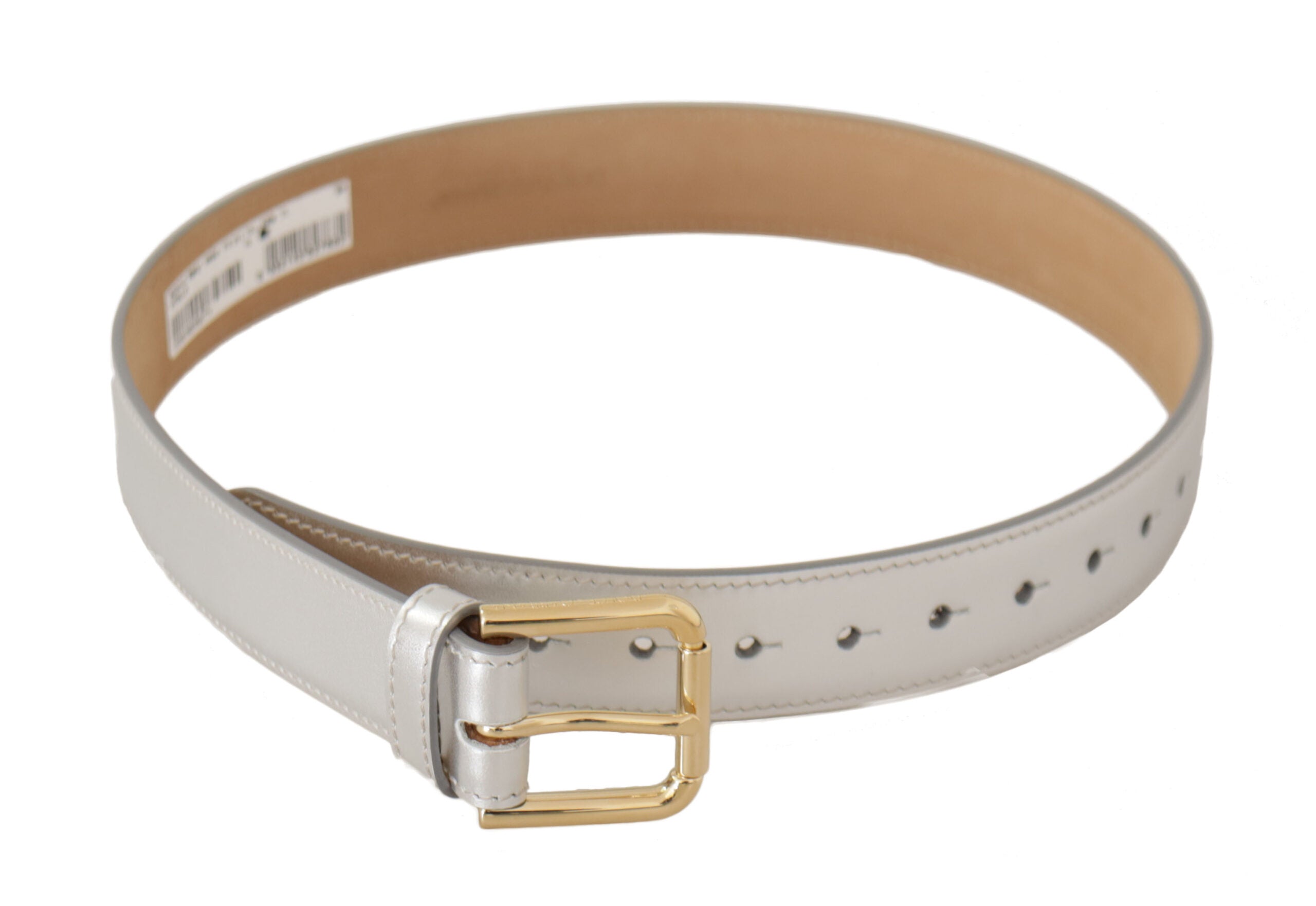 Silver leather belt with gold-tone logo metal buckle by Dolce & Gabbana, featuring a sleek and stylish design.