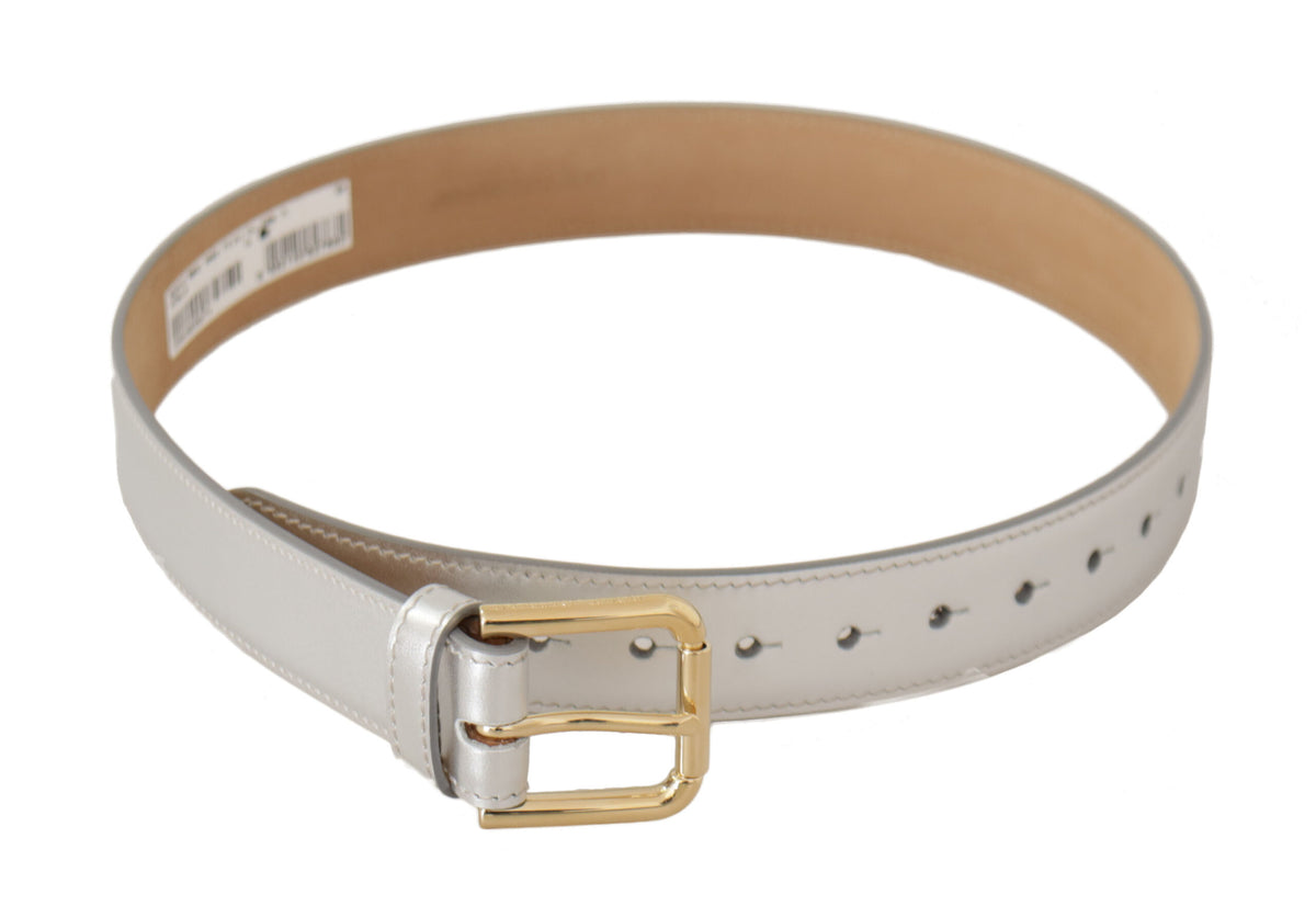 Silver leather belt with gold-tone logo metal buckle by Dolce & Gabbana, featuring a sleek and stylish design.