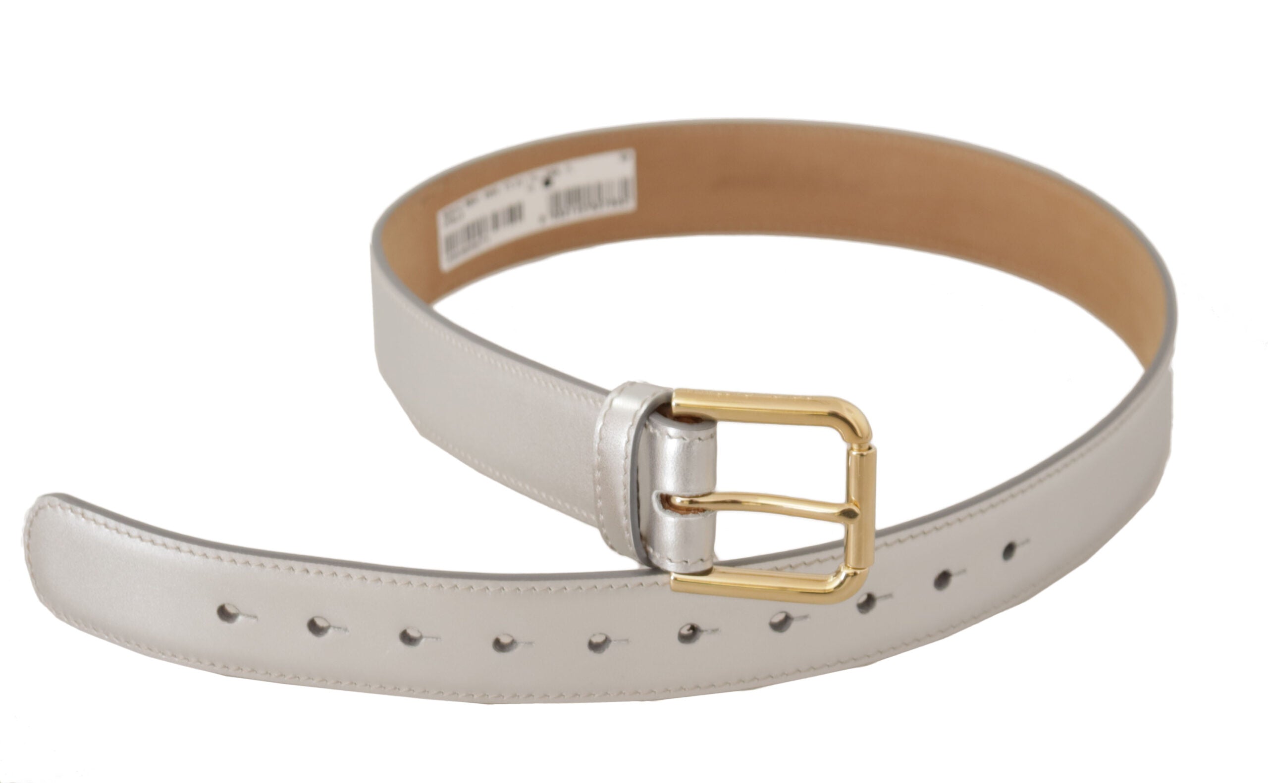 Silver leather belt with gold-tone metal logo buckle from Dolce & Gabbana, featuring sleek design and adjustable strap.
