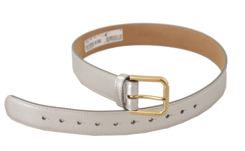 Silver leather belt with gold-tone metal logo buckle from Dolce & Gabbana, featuring sleek design and adjustable strap.