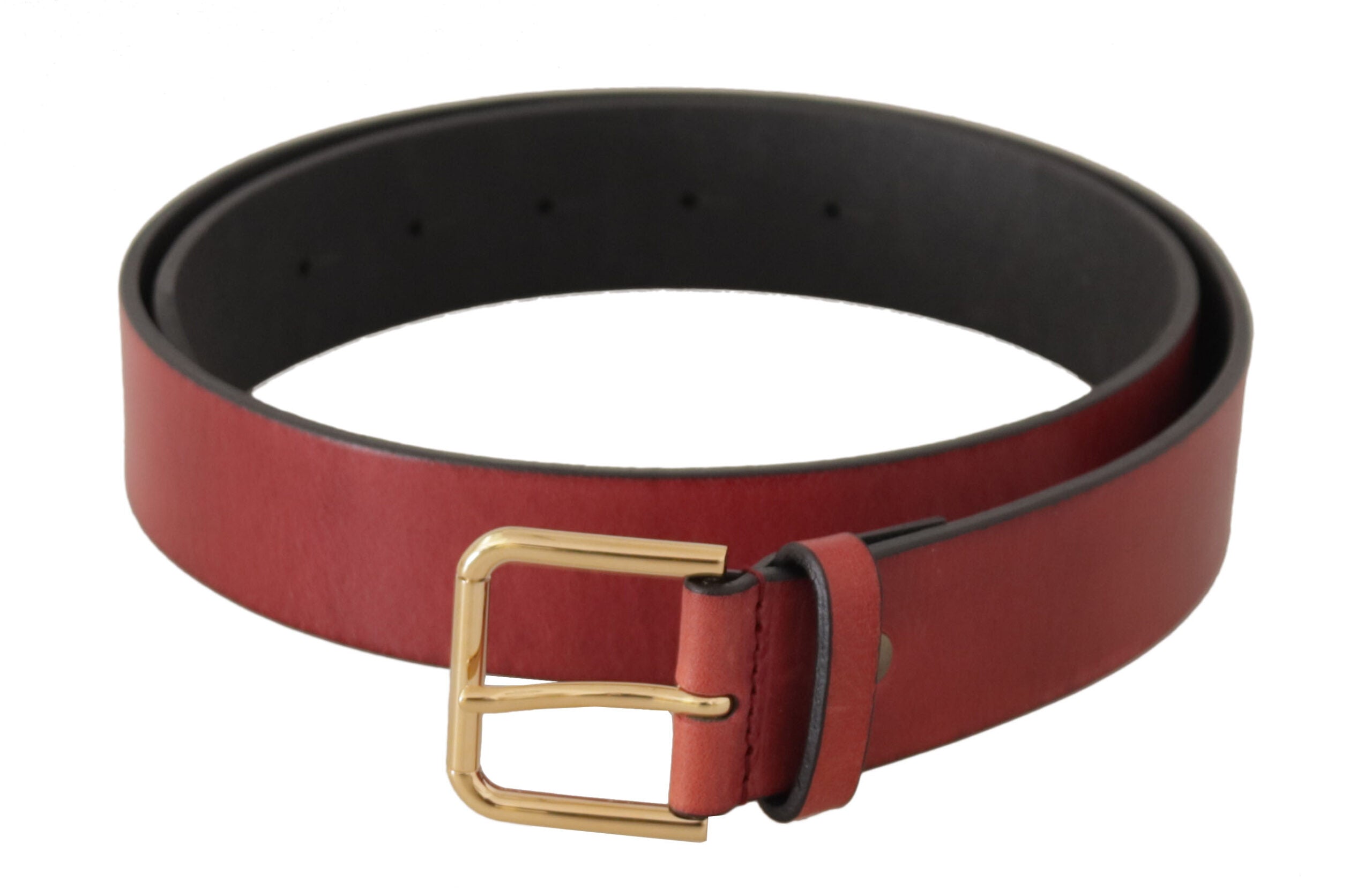 Red leather belt with gold logo engraved metal buckle from Dolce & Gabbana, featuring a sleek, stylish design.