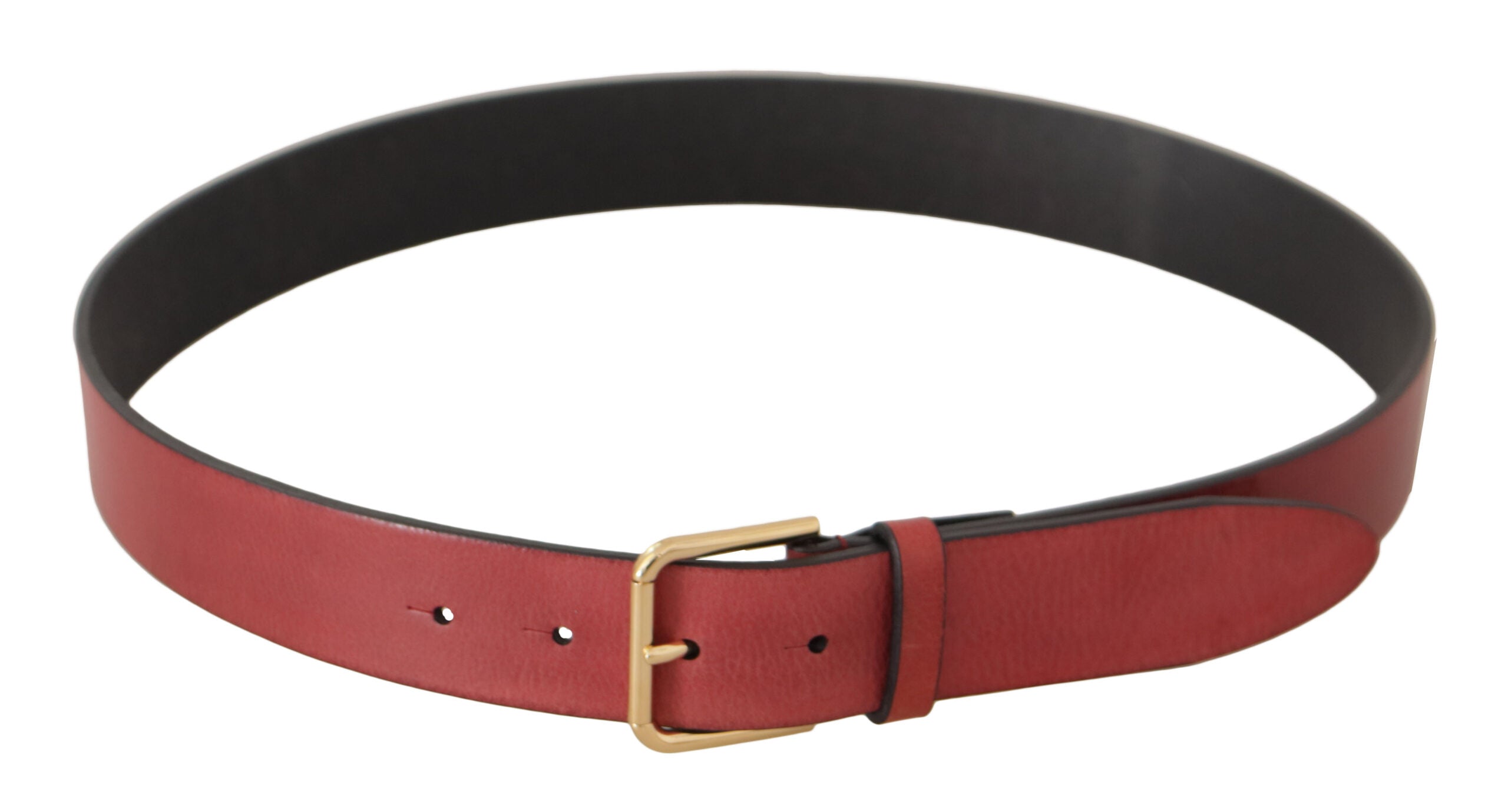 Red leather belt with gold logo engraved metal buckle from Dolce & Gabbana, featuring a sleek and stylish design.