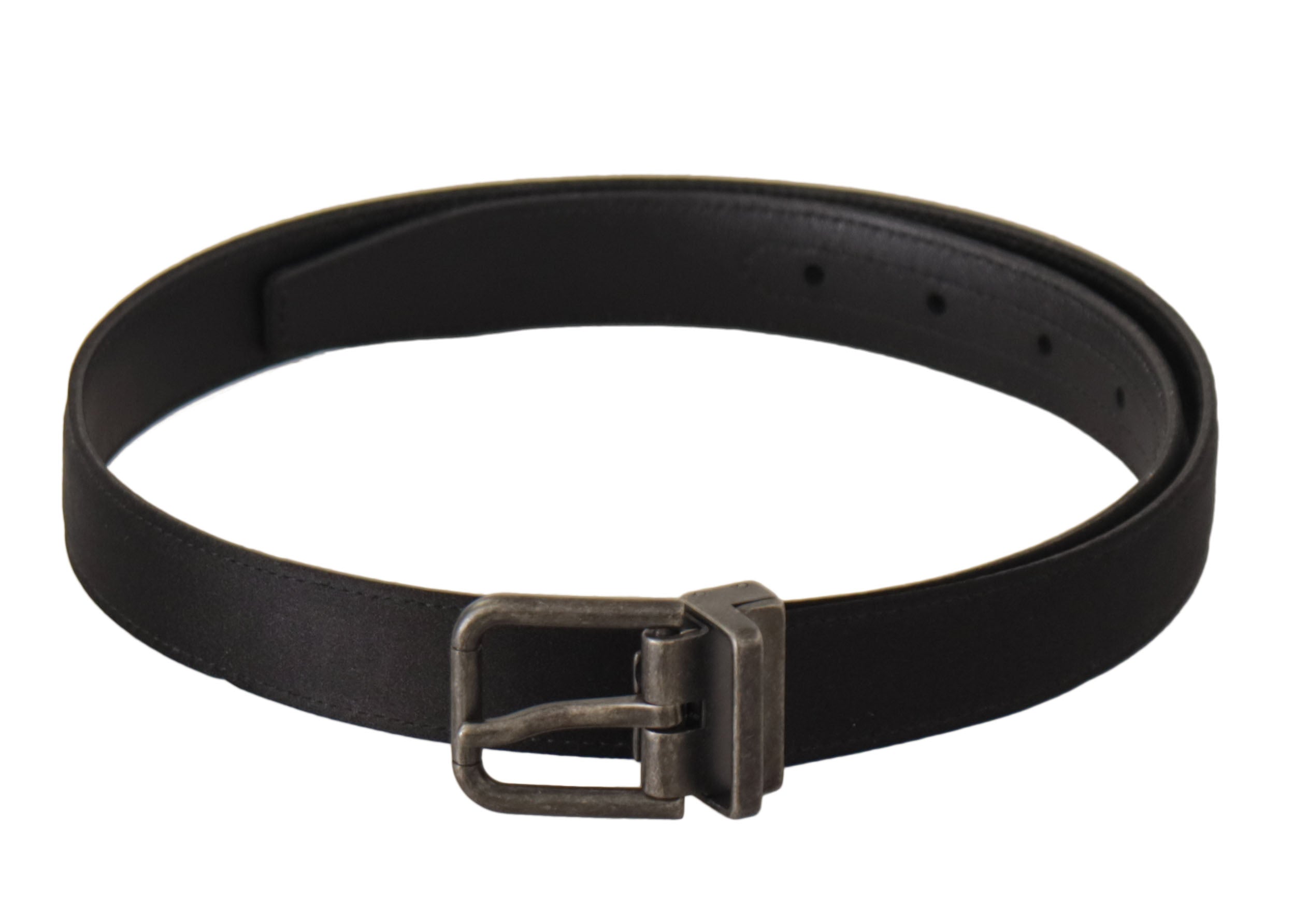 Black calfskin leather vintage belt with metal buckle from Dolce & Gabbana, featuring a classic design and textured finish.