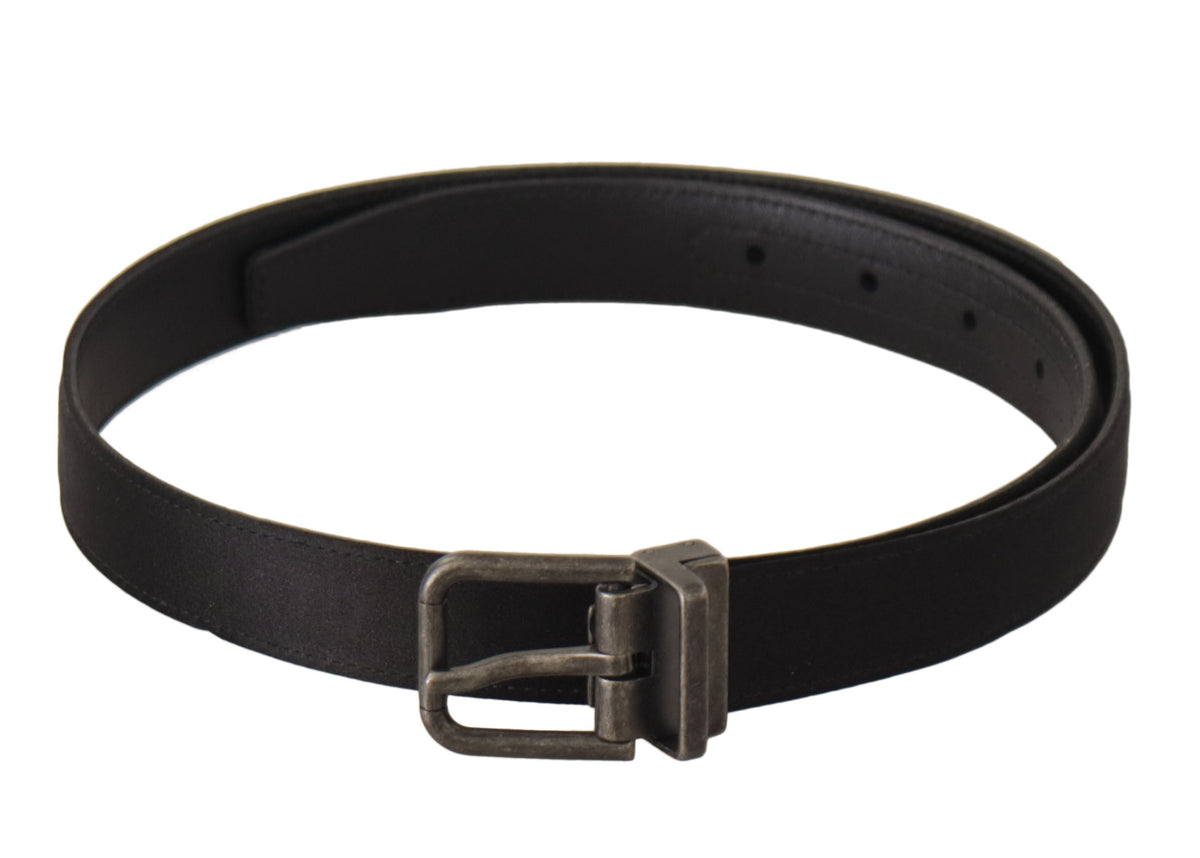 Black calfskin leather vintage belt with metal buckle from Dolce & Gabbana, featuring a classic design and textured finish.