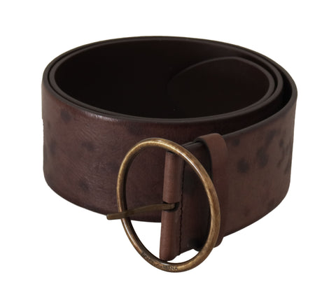 Dark brown wide calf leather belt with round buckle and Dolce & Gabbana logo, designed for a stylish, high-quality look.