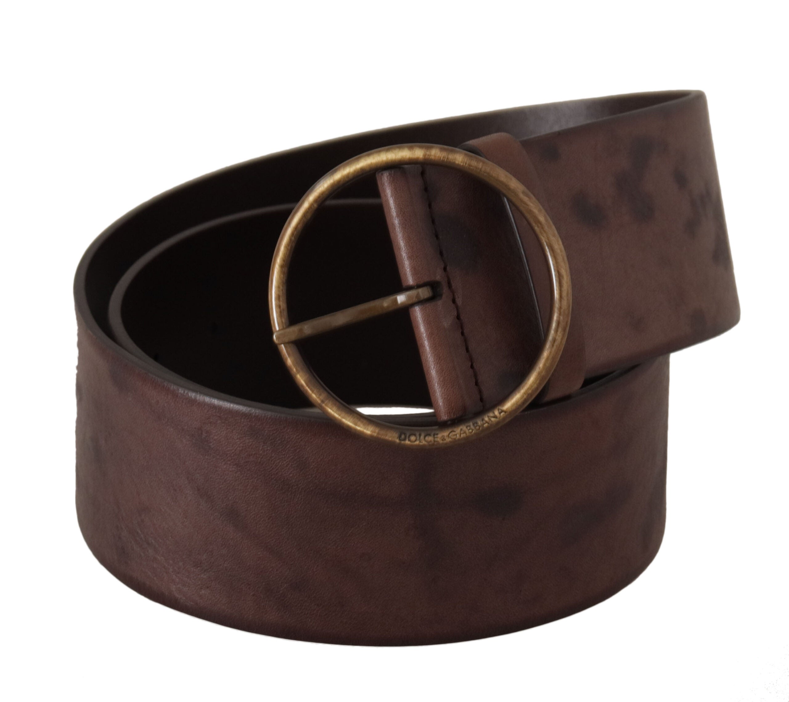 Dark brown leather wide calf belt with round buckle and Dolce & Gabbana logo, featuring a stylish and durable design.