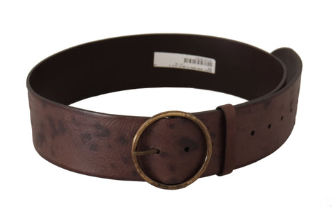 Dark brown leather wide calf belt with round buckle and Dolce & Gabbana logo for stylish, high-quality accessory.