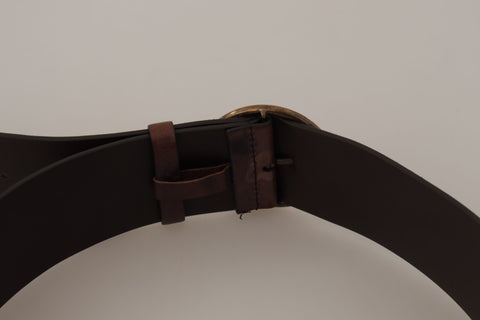 Dark brown leather wide calf belt with round buckle and Dolce & Gabbana logo, showcasing smooth textured leather and stylish design.