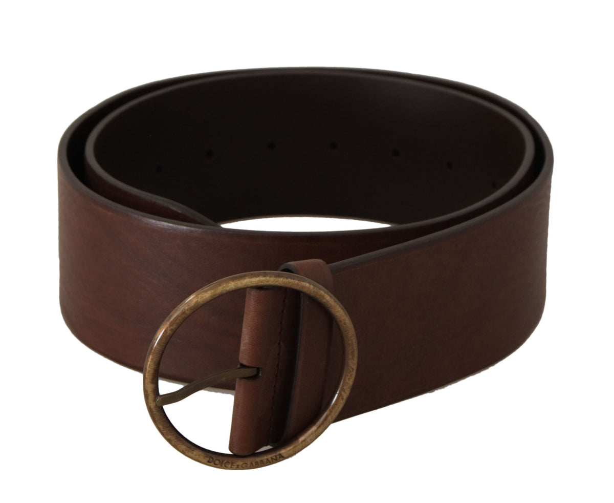 Brown leather wide waist belt with a metal round buckle and logo detail from Dolce & Gabbana.