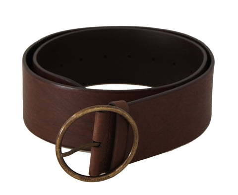 Brown leather wide waist belt with a metal round buckle and logo detail from Dolce & Gabbana.
