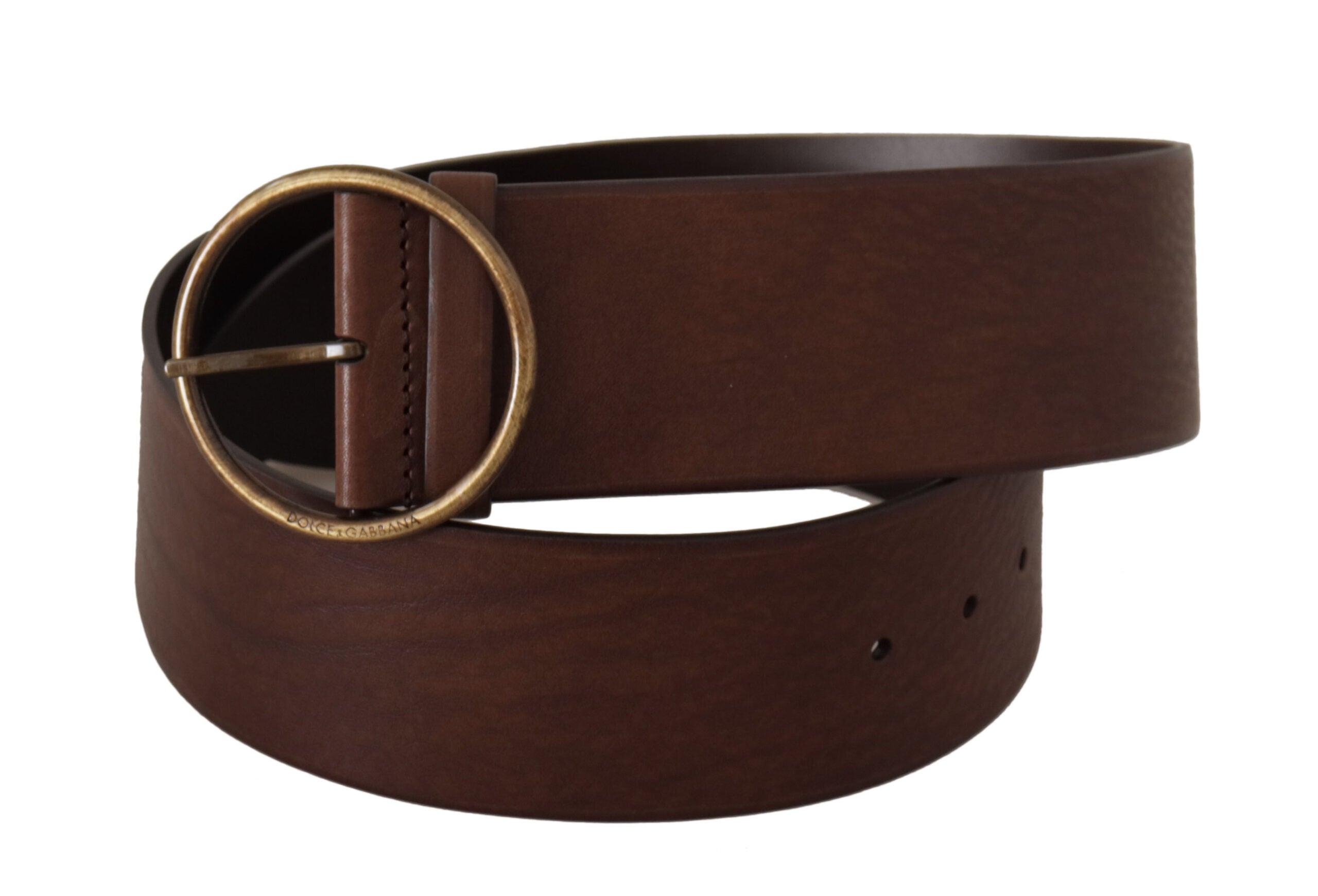 Brown leather wide waist belt with a metal round logo buckle by Dolce & Gabbana, shown with detailed stitching and embossed design.