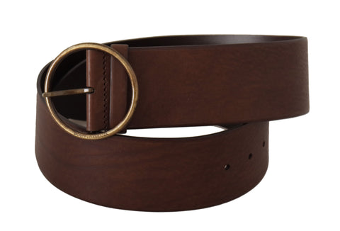 Brown leather wide waist belt with a metal round logo buckle by Dolce & Gabbana, shown with detailed stitching and embossed design.