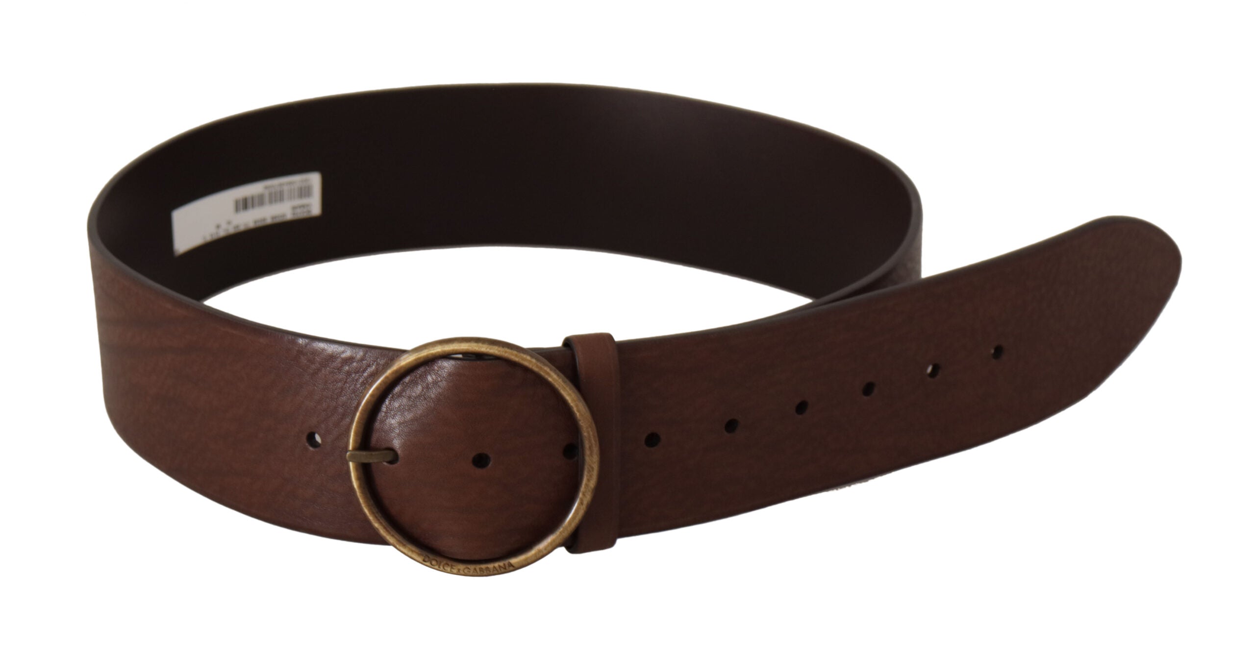 Brown leather wide waist belt with metal round buckle and Dolce & Gabbana logo detail, stylish accessory for women.