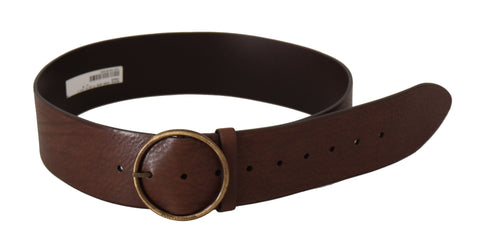 Brown leather wide waist belt with metal round buckle and Dolce & Gabbana logo detail, stylish accessory for women.