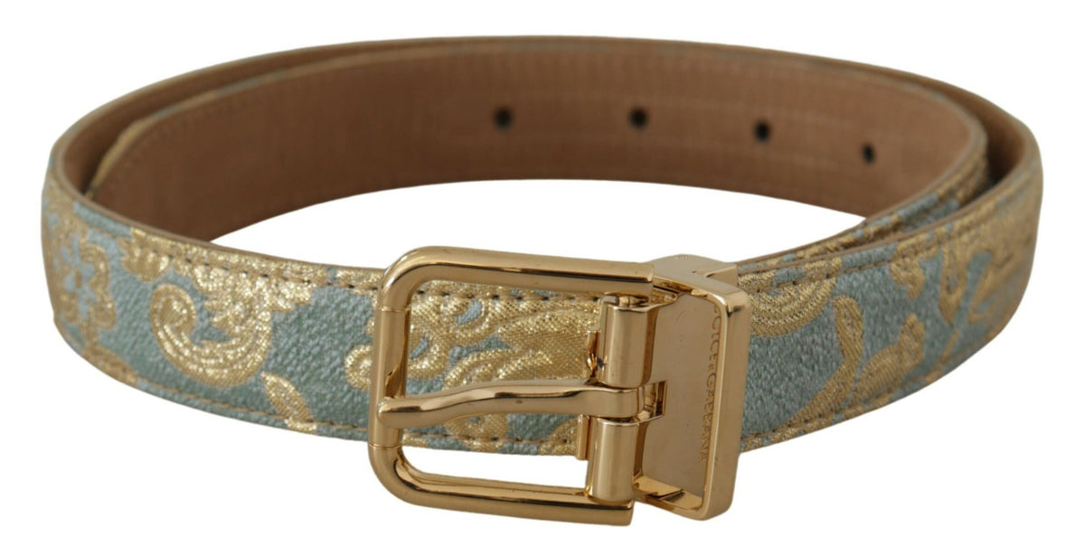 Blue leather Jacquard embossed belt with gold metal buckle by Dolce & Gabbana, featuring intricate pattern and stylish design.