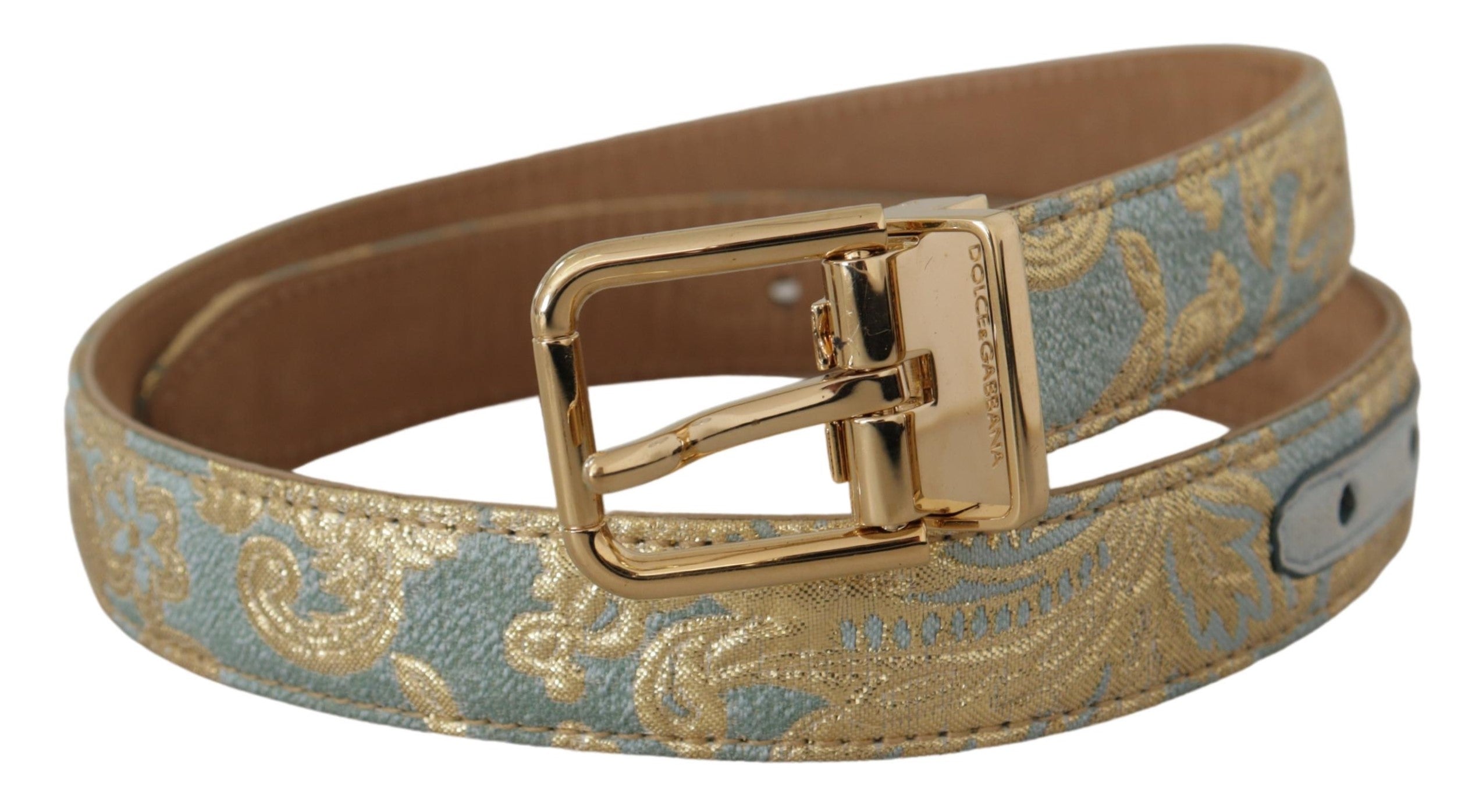 Blue leather jacquard embossed belt with gold metal buckle from Dolce & Gabbana, featuring intricate pattern and sleek design.