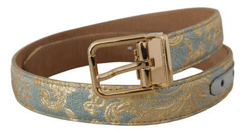 Blue leather jacquard embossed belt with gold metal buckle from Dolce & Gabbana, featuring intricate pattern and sleek design.