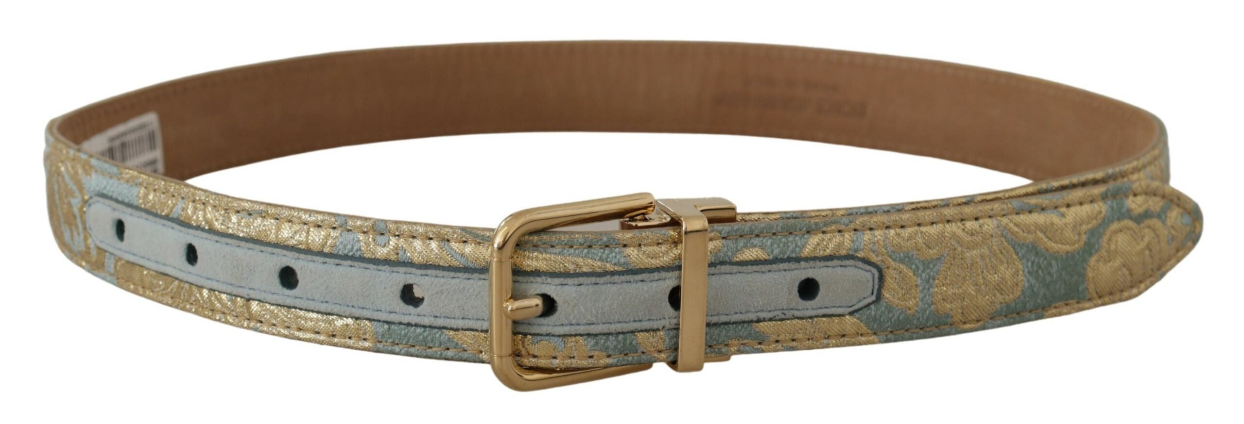 Blue leather jacquard embossed belt with gold metal buckle from Dolce & Gabbana, featuring intricate pattern and polished hardware.