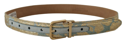 Blue leather jacquard embossed belt with gold metal buckle from Dolce & Gabbana, featuring intricate pattern and polished hardware.