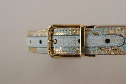 Blue leather jacquard embossed belt with a gold metal buckle from Dolce & Gabbana, featuring intricate pattern and stylish design.