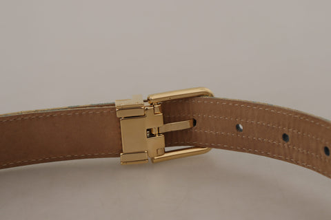 Blue leather jacquard belt with embossed pattern and gold metal buckle by Dolce & Gabbana