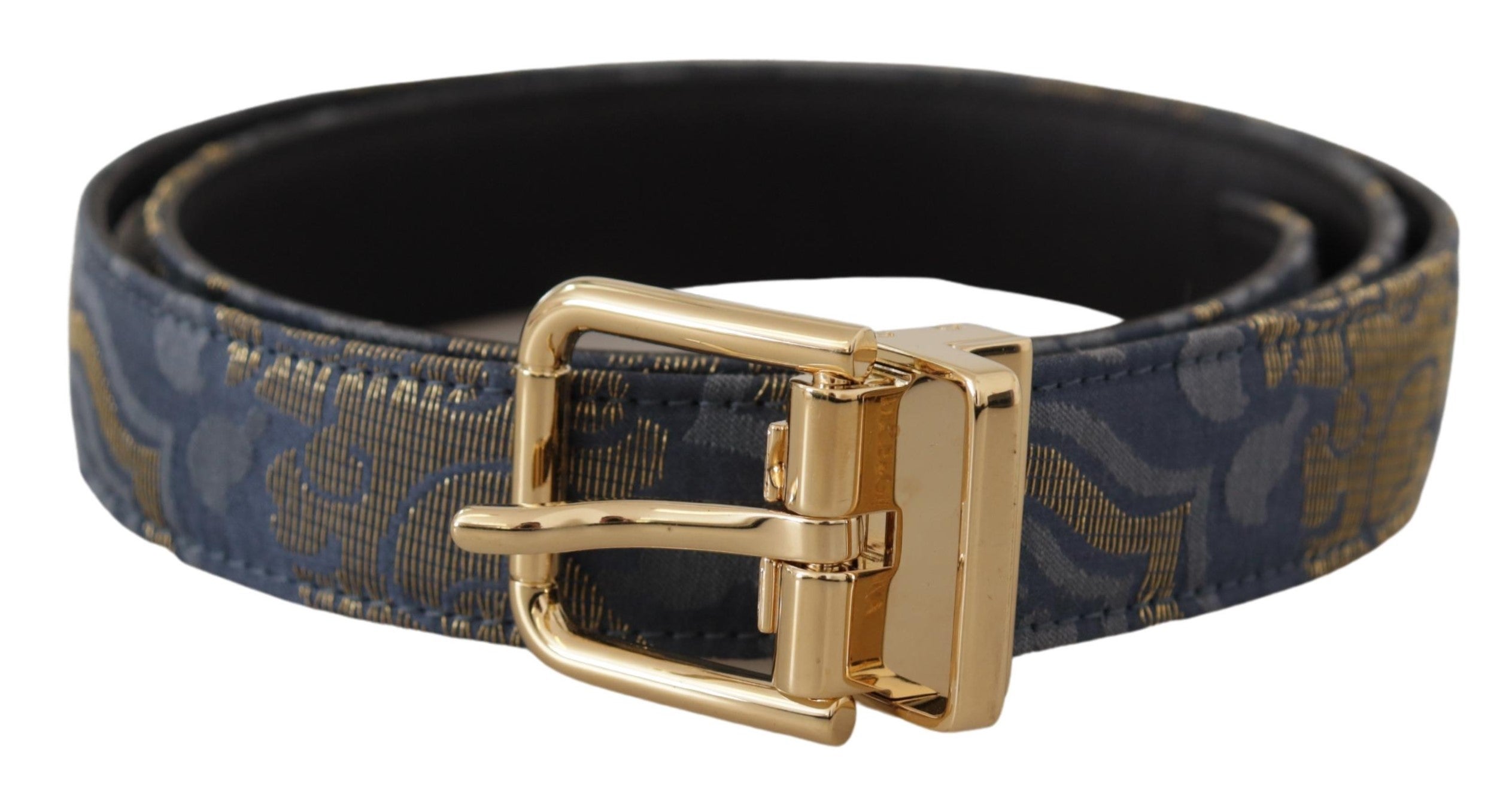 Navy blue Jacquard belt with gold tone logo metal buckle by Dolce & Gabbana, featuring intricate woven pattern and sleek design.