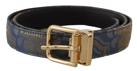 Navy blue Jacquard belt with gold tone logo metal buckle by Dolce & Gabbana, featuring intricate woven pattern and sleek design.