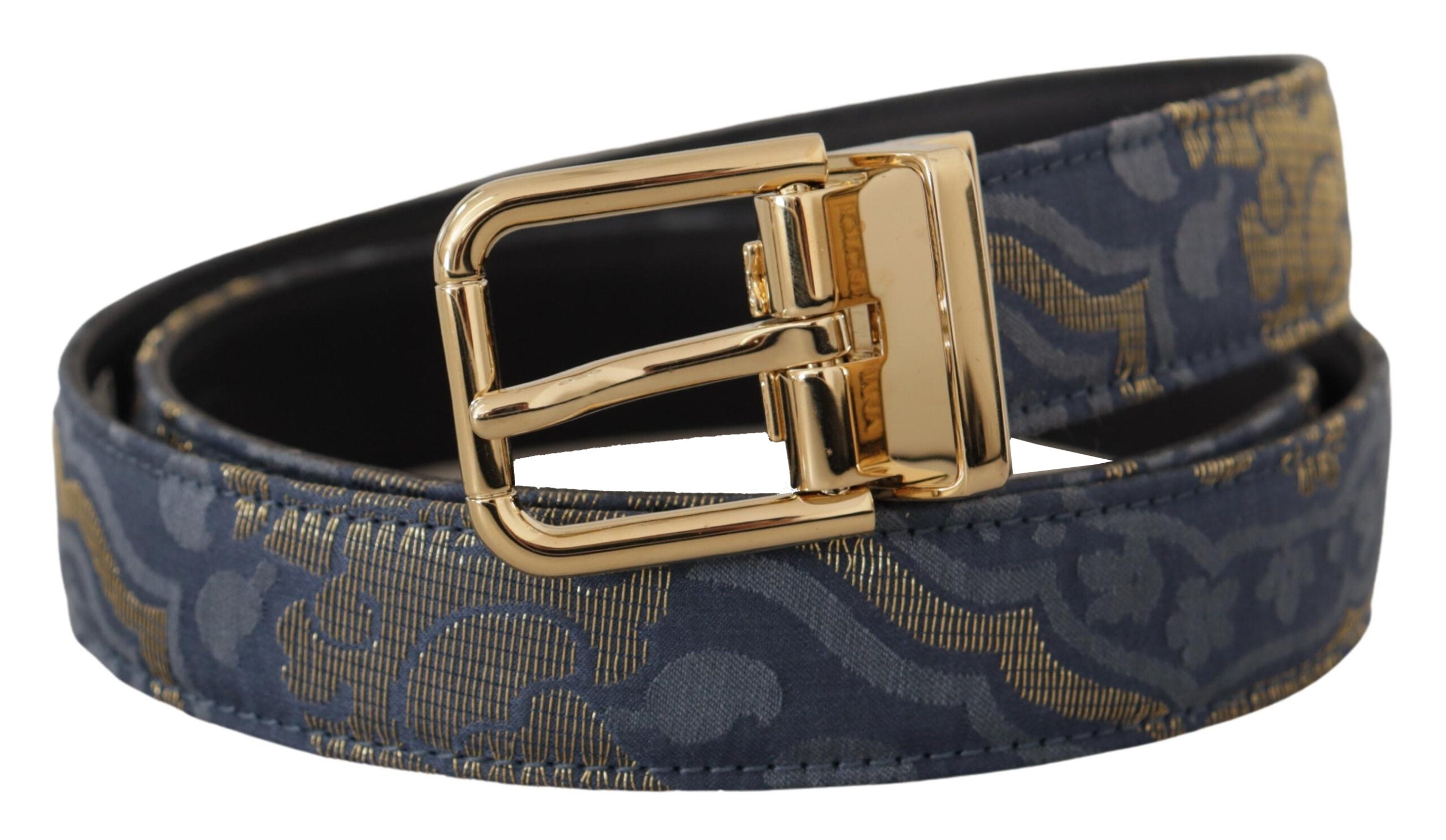 Navy blue Jacquard belt with gold tone logo metal buckle from Dolce & Gabbana, showcasing intricate woven fabric and stylish design.
