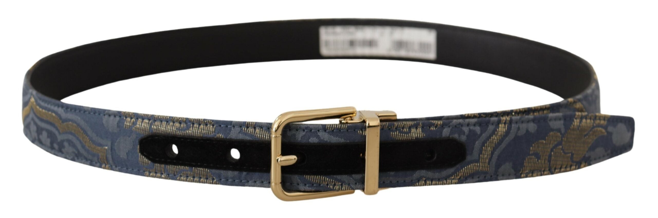 Navy blue jacquard belt with gold-tone metal logo buckle from Dolce & Gabbana, featuring intricate woven pattern and elegant design.