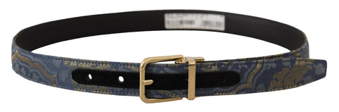 Navy blue jacquard belt with gold-tone metal logo buckle from Dolce & Gabbana, featuring intricate woven pattern and elegant design.