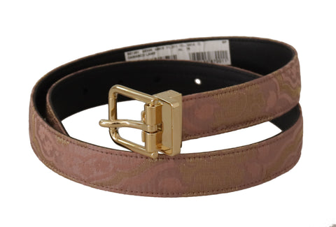 Rose gold leather belt with engraved metal buckle and Dolce & Gabbana logo, stylish accessory for women.