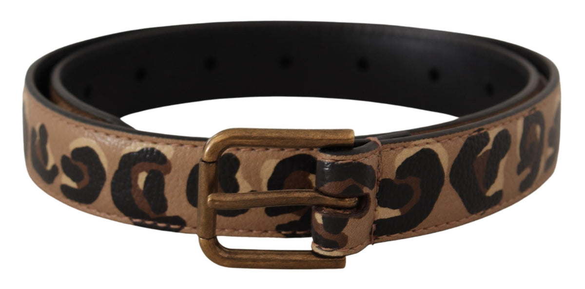 Leopard print vintage metal waist belt with brown leather strap and silver buckle by Dolce & Gabbana.