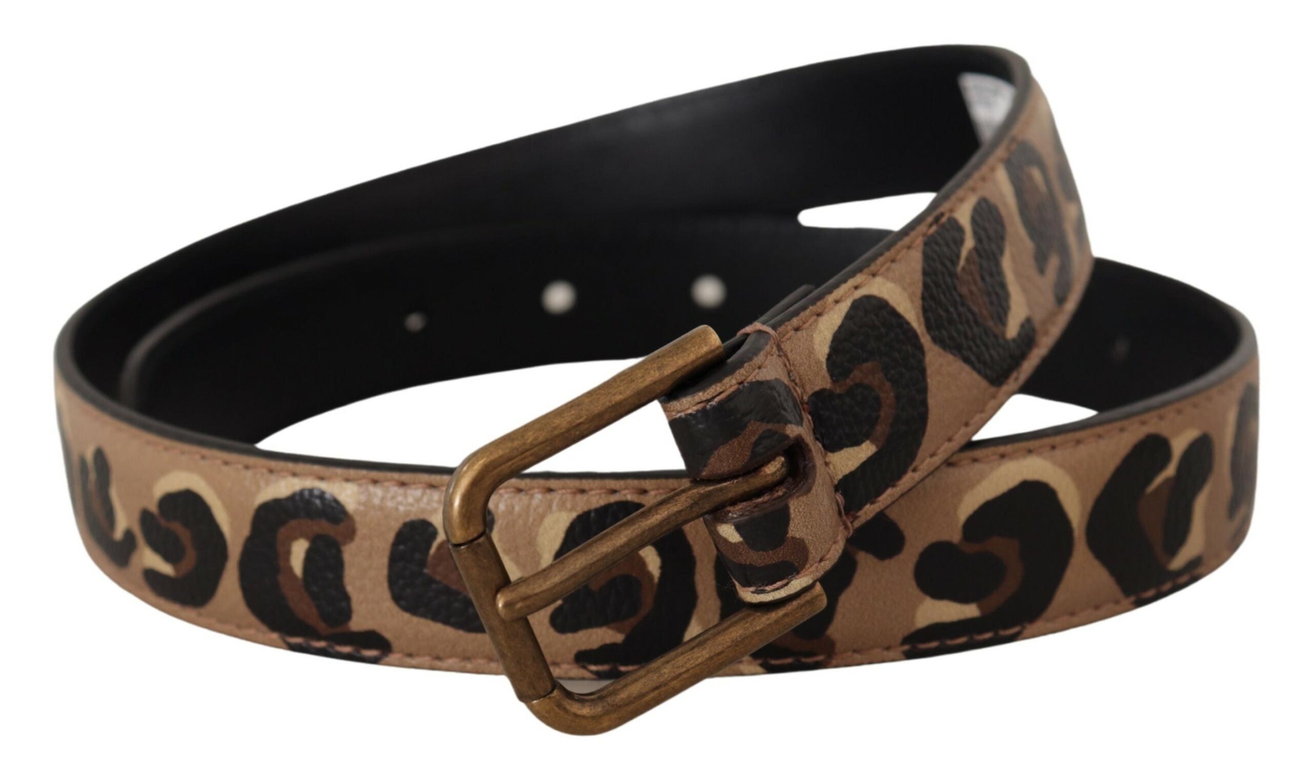 Brown leopard print vintage metal waist belt with buckle by Dolce & Gabbana, featuring a stylish and bold animal pattern.