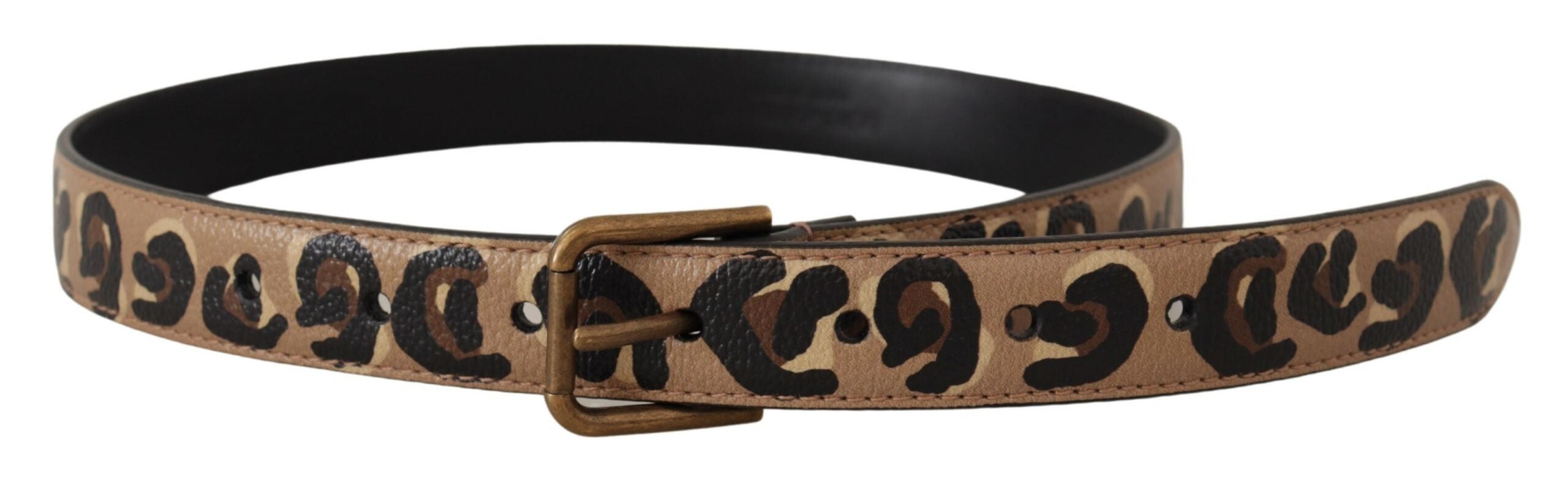 Brown leopard print vintage metal waist belt with buckle by Dolce & Gabbana, featuring a stylish leopard pattern and classic metal buckle.