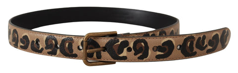 Brown leopard print vintage metal waist belt with buckle by Dolce & Gabbana, featuring a stylish leopard pattern and classic metal buckle.