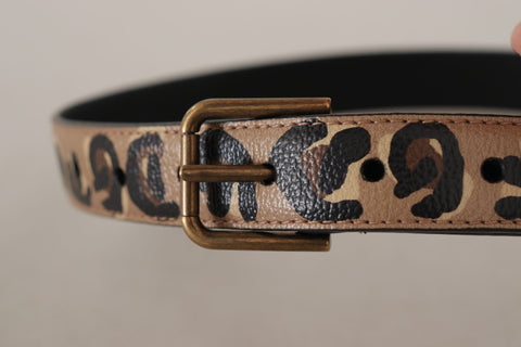 Brown leopard print vintage metal waist belt with buckle from Dolce & Gabbana, featuring a stylish animal pattern and classic design.