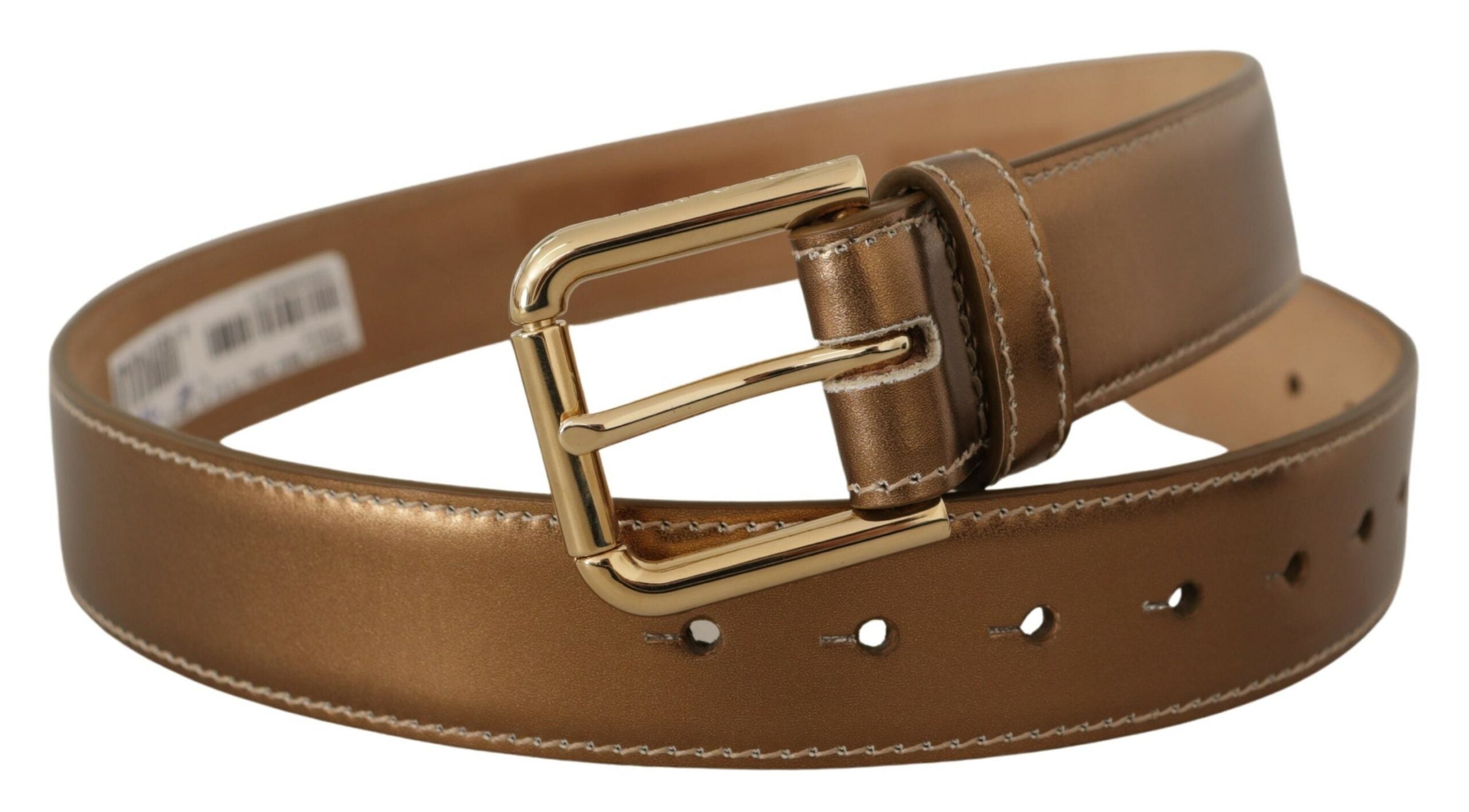 Bronze calf leather waist belt with gold logo buckle from Dolce & Gabbana, featuring a sleek and stylish design.