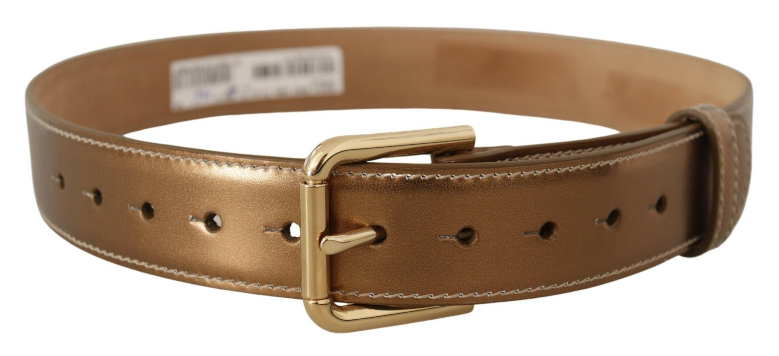 Bronze calf leather waist belt with gold logo buckle from Dolce & Gabbana, featuring a sleek design and adjustable strap.