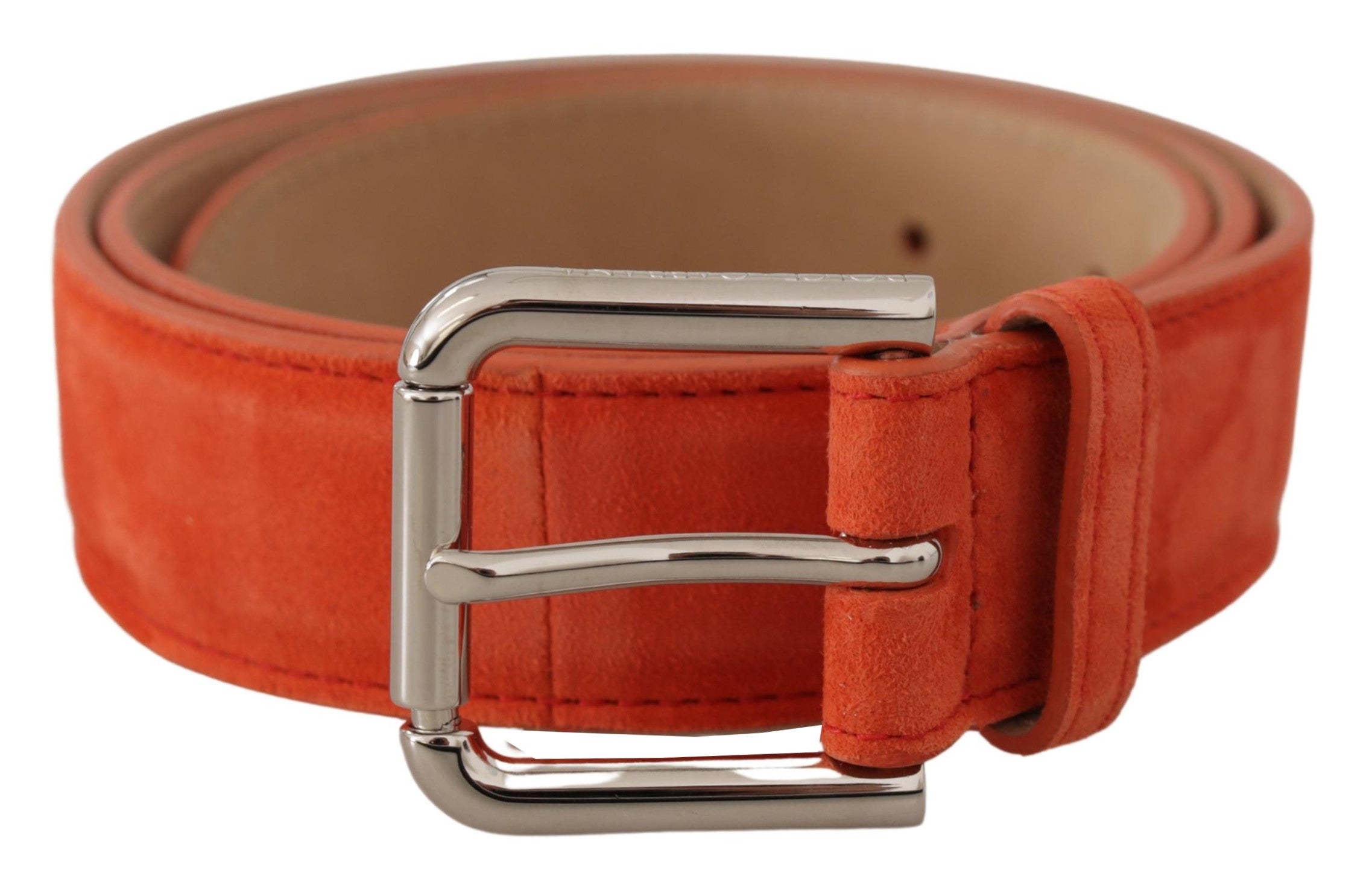 Orange leather and suede belt by Dolce & Gabbana with silver logo metal buckle and adjustable strap.