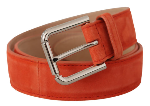 Orange leather and suede belt with silver logo metal buckle, Dolce & Gabbana fashion accessory.