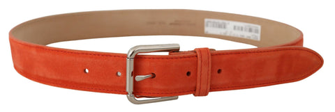 Orange leather suede belt with silver logo metal buckle by Dolce & Gabbana, featuring a stylish and modern design.