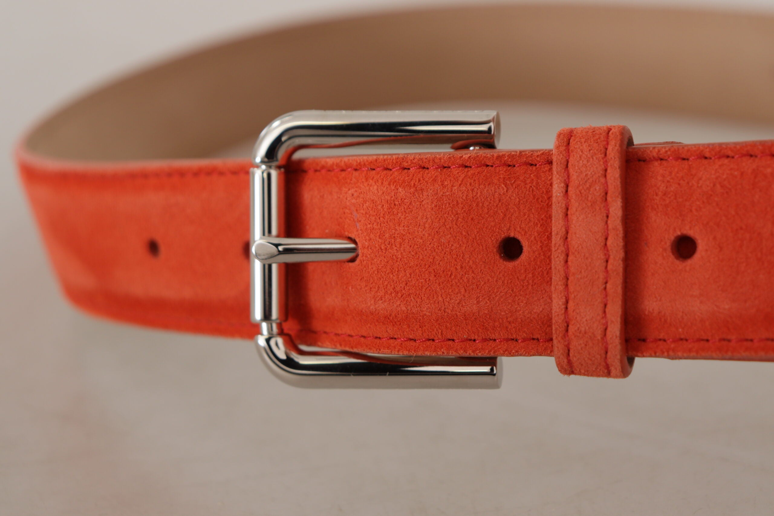 Orange leather and suede belt by Dolce & Gabbana with silver logo metal buckle and adjustable strap.