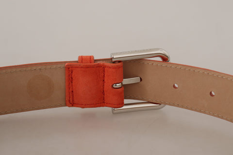 Orange leather and suede belt by Dolce & Gabbana with silver logo buckle, featuring a stylish metal buckle and textured material.