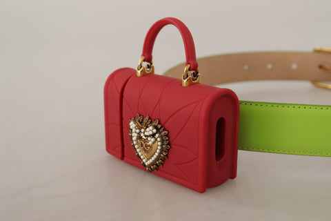 Green leather Devotion Heart micro bag with headphone and belt design by Dolce & Gabbana, featuring a compact, stylish accessory.