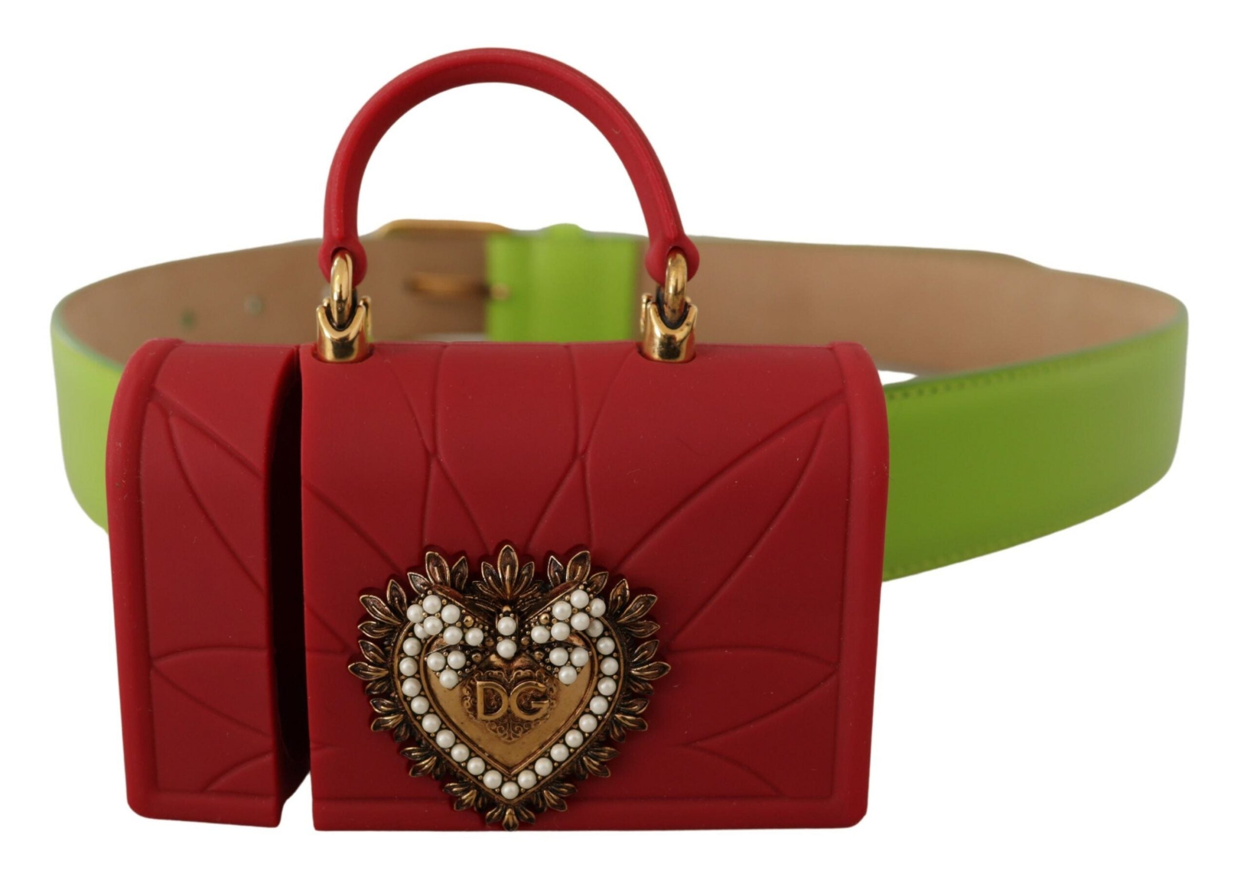 Green leather Devotion Heart micro bag with headphone and belt details by Dolce & Gabbana, featuring a compact, stylish design.