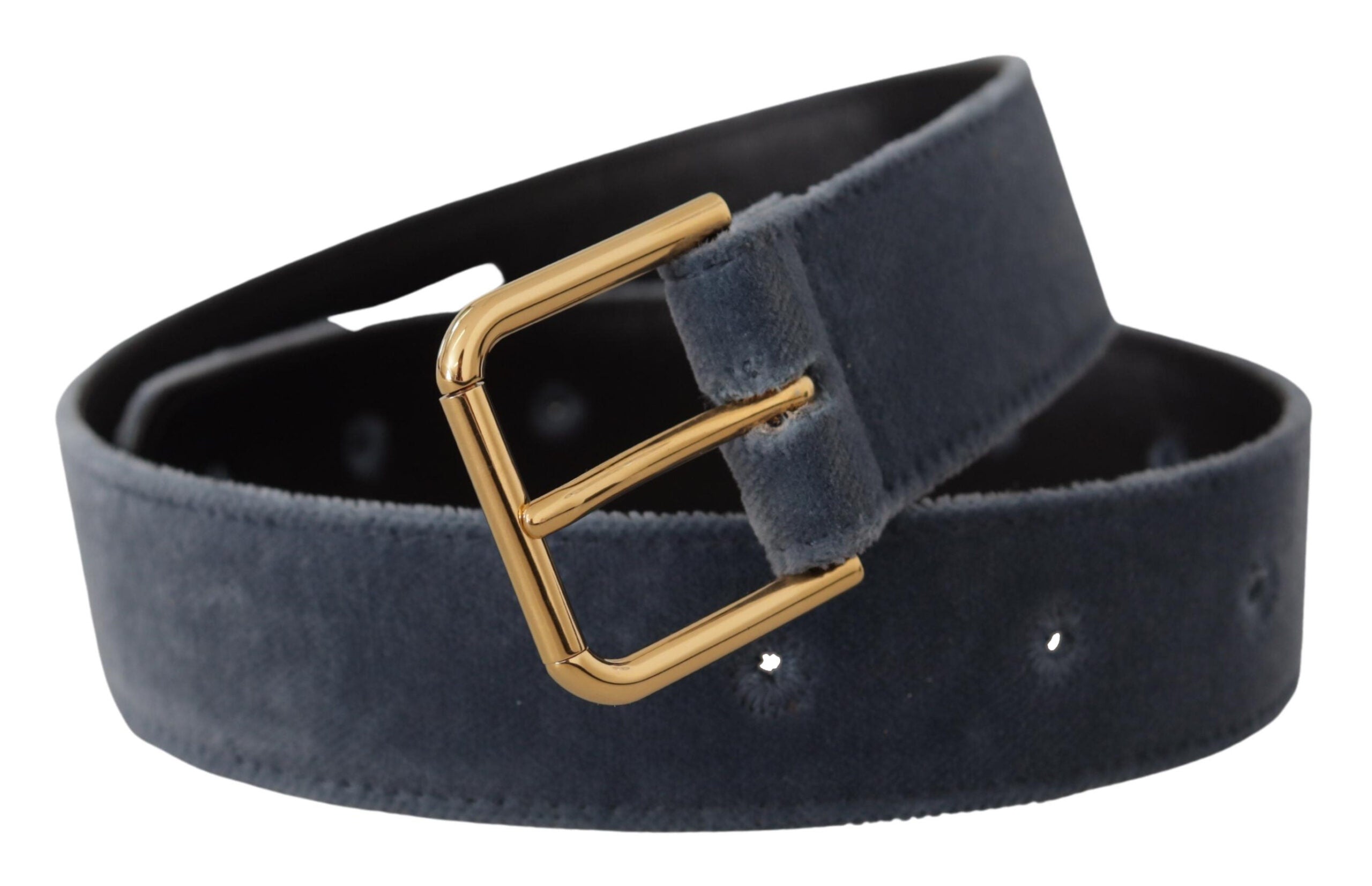 Navy blue velvet waist belt with gold metal logo buckle, Dolce & Gabbana fashion accessory on white background.