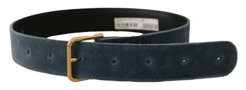 Navy blue velvet waist belt with gold metal logo buckle from Dolce & Gabbana, showcasing the luxurious velvet fabric and elegant hardware.