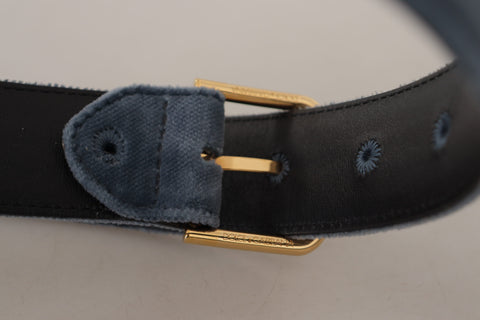 Navy blue velvet waist belt with gold metal logo buckle from Dolce & Gabbana, stylish accessory with elegant details.
