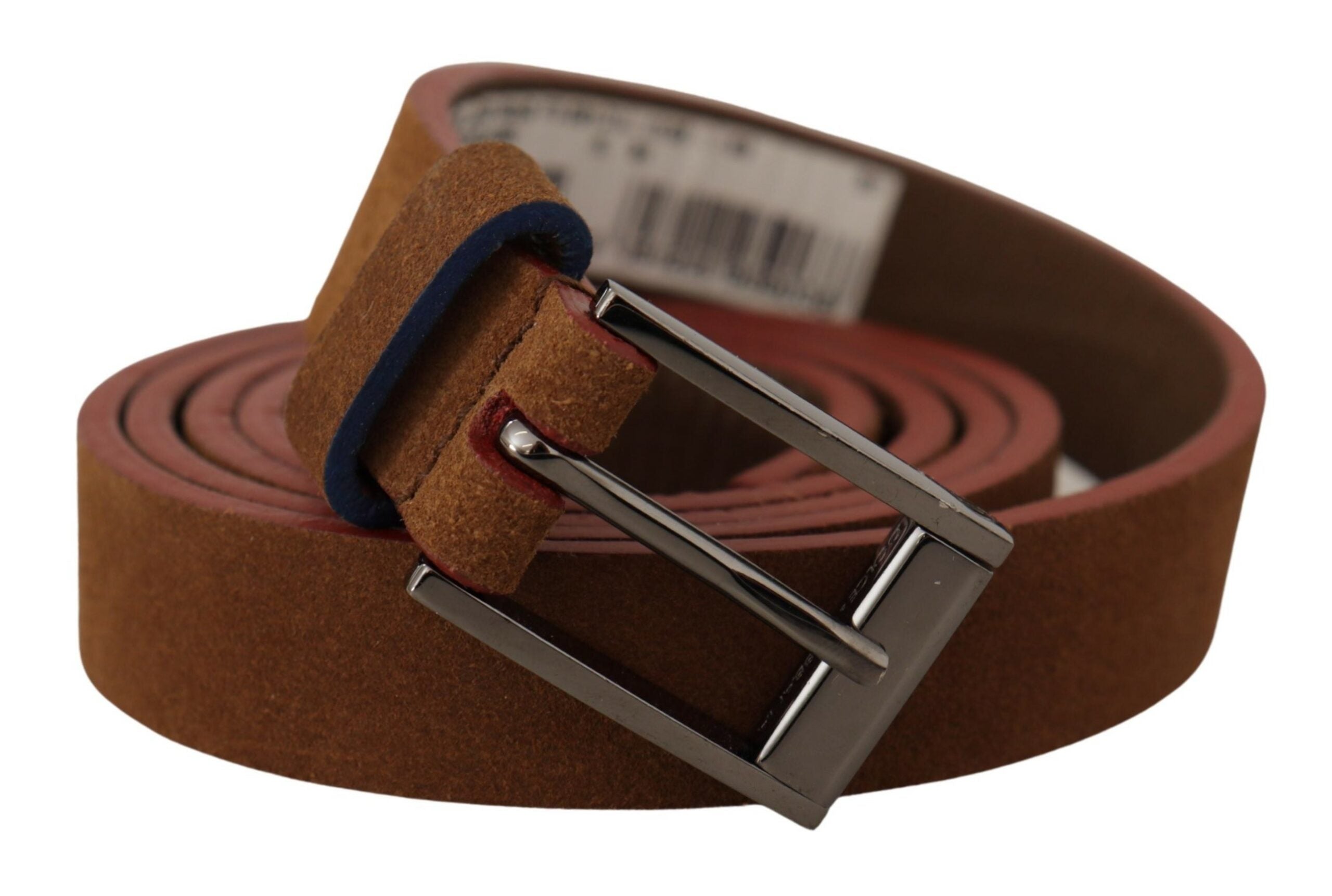 Brown leather belt with engraved metal waist buckle featuring Dolce & Gabbana logo and branding, stylish accessory for men.