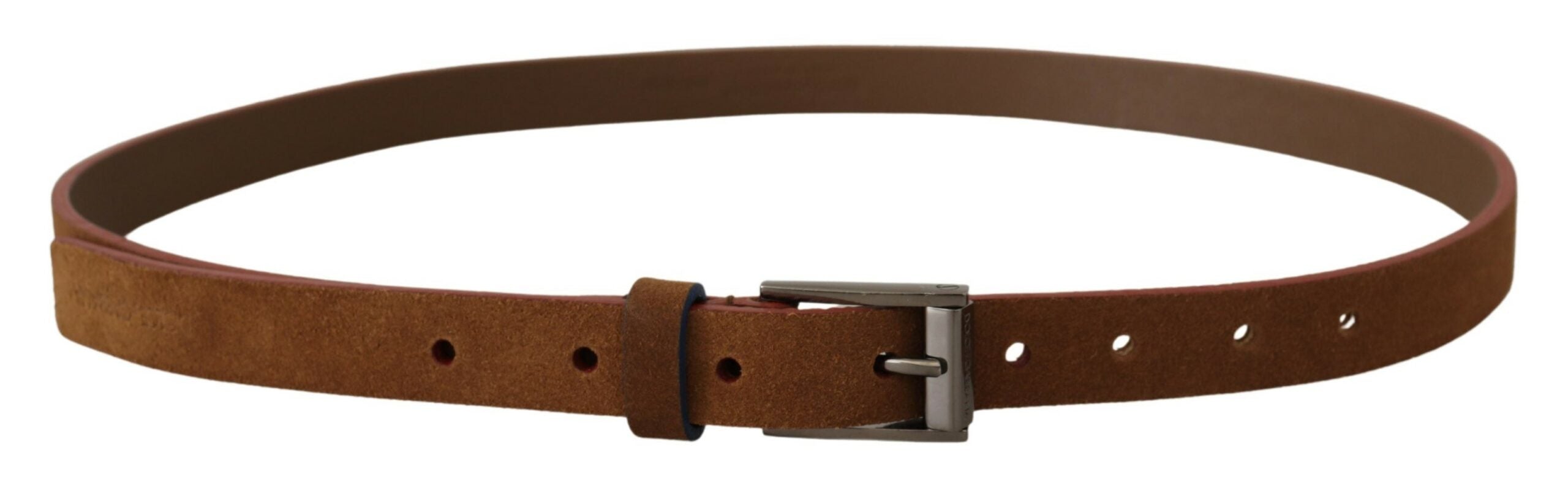 Brown leather belt with engraved metal waist buckle featuring Dolce & Gabbana logo, stylish accessory for men or women.